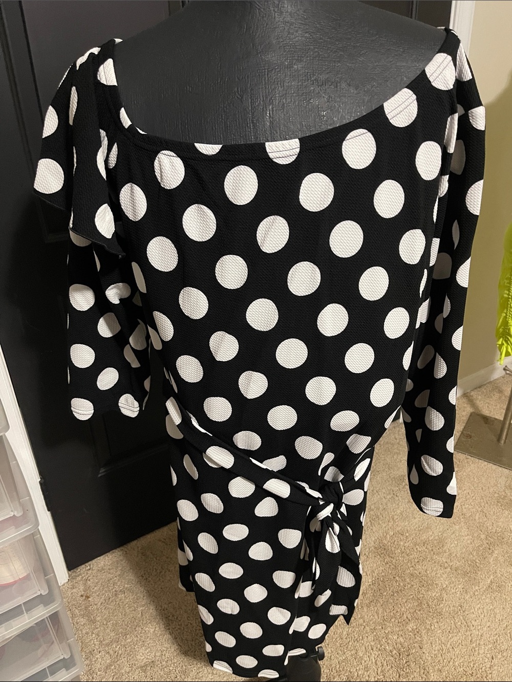 NWT..Ashley Stewart Black and White Polka Dot Long-Sleeve Tie-Waist Dress